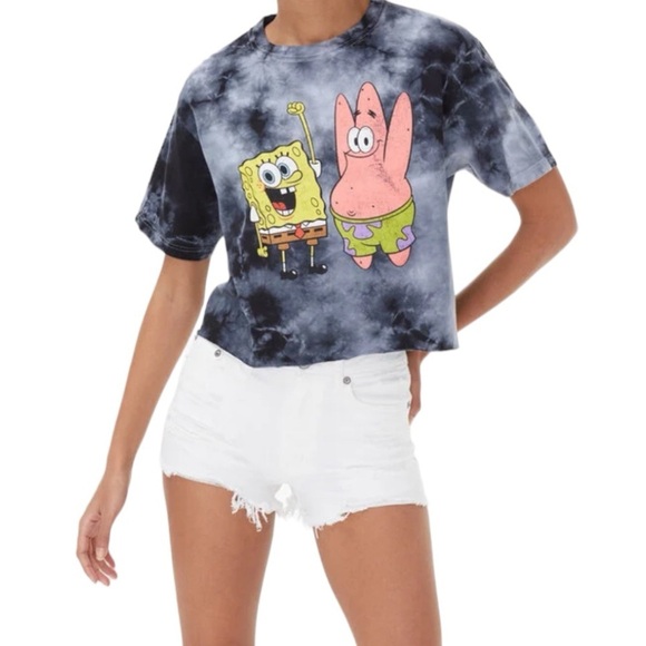 Nickelodeon Cropped Graphic Short Sleeve Tee Sponge Bob & Patrick on tie dye L - Picture 6 of 6